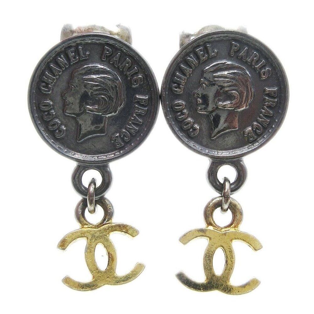 Chanel Medallion Dangle Earrings Gold Silver Clip-On